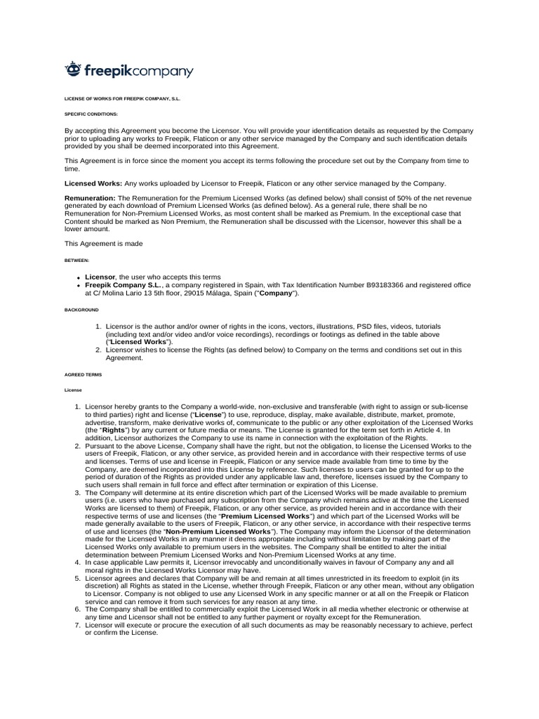 License Of Works For Freepik Company S L Pdf License Breach Of