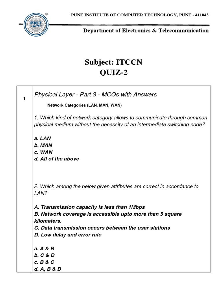 Subject Itccn Quiz2 Physical Layer Part 3 Mcqs With Answers