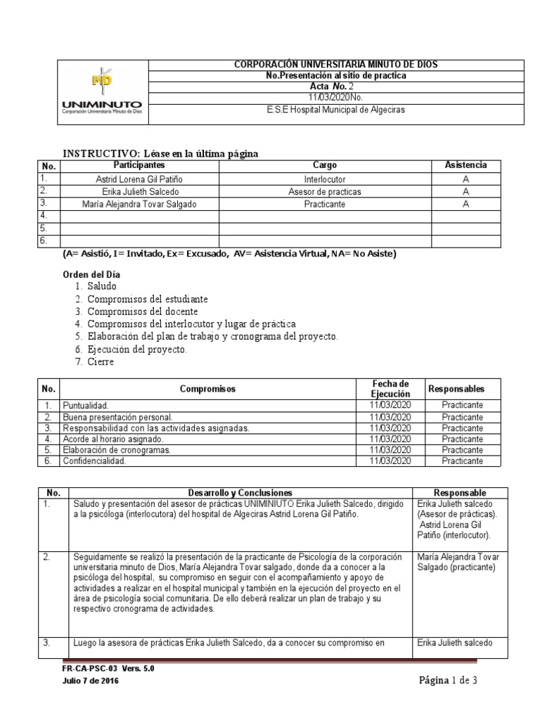 Acta de Prácticas en Psicología UNIMINUTO | PDF