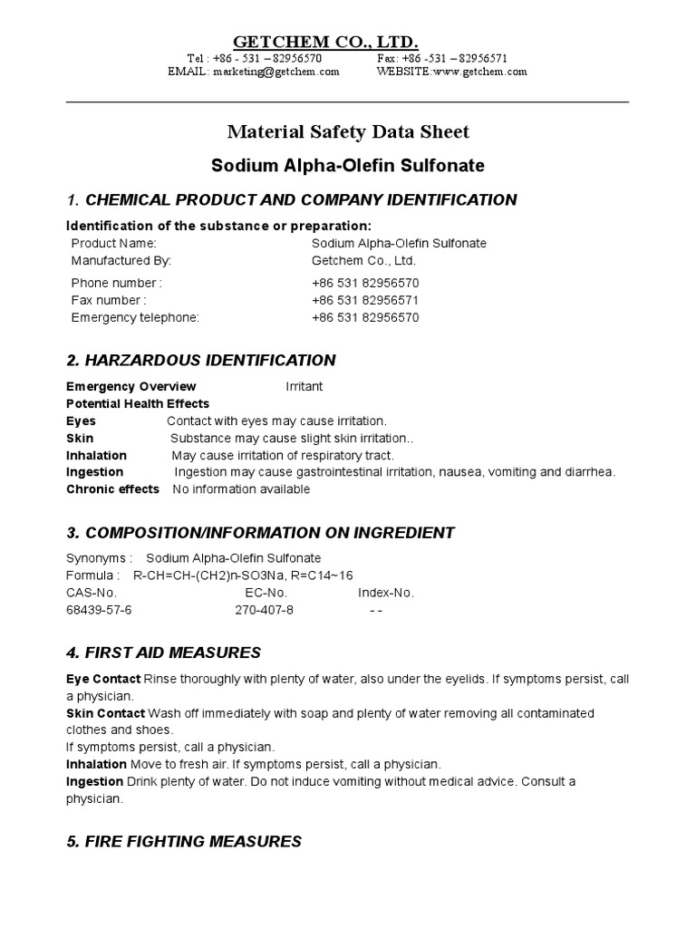 MSDS Sodium C14-16 Olefin Sulfonate | PDF | Carbon Dioxide | Toxicity