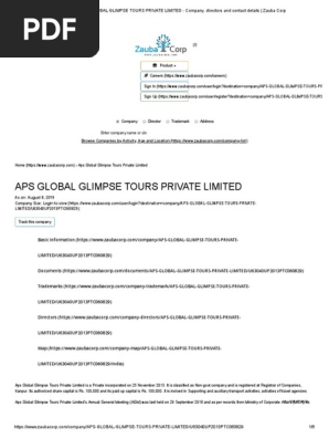 Aps Global Glimpse Tours Private Limited Company Directors And Contact Details Zauba Corp Pdf Expense Revenue