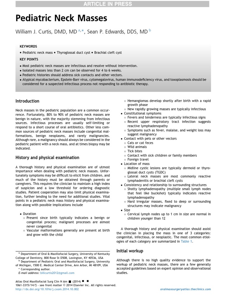 Pediatric Neck Masses William J. Curtis, DMD, MD, Sean P. Edwards, DDS