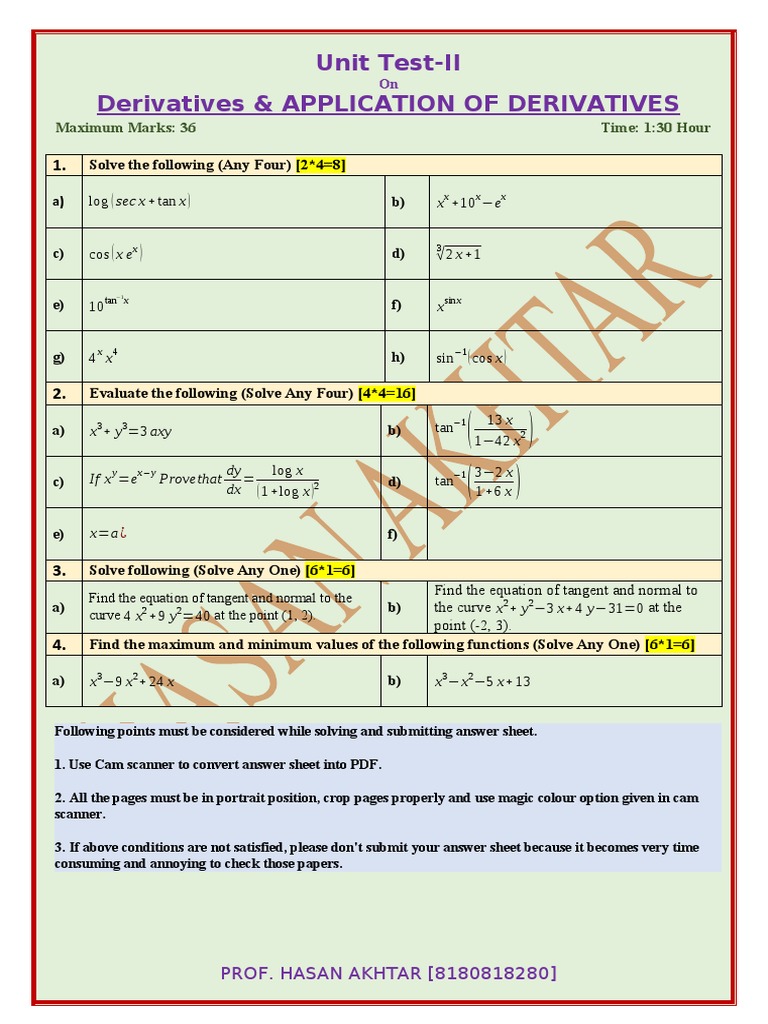 Unit Test-II Derivatives & Application of Derivatives: Log (Secx+tanx ...