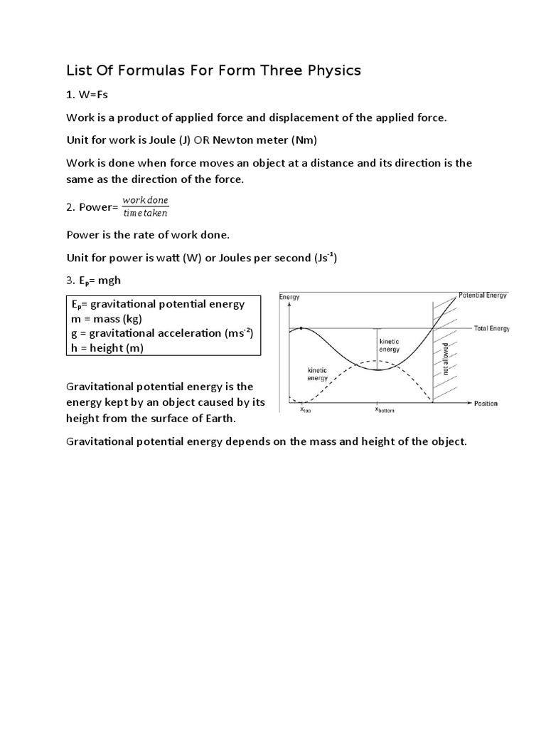 List of Formulas For Form Three Physics: Work Done Timetaken | PDF