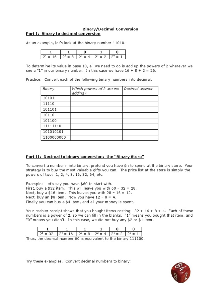 Binary/Decimal Conversion Part I: Binary To Decimal Conversion | PDF ...