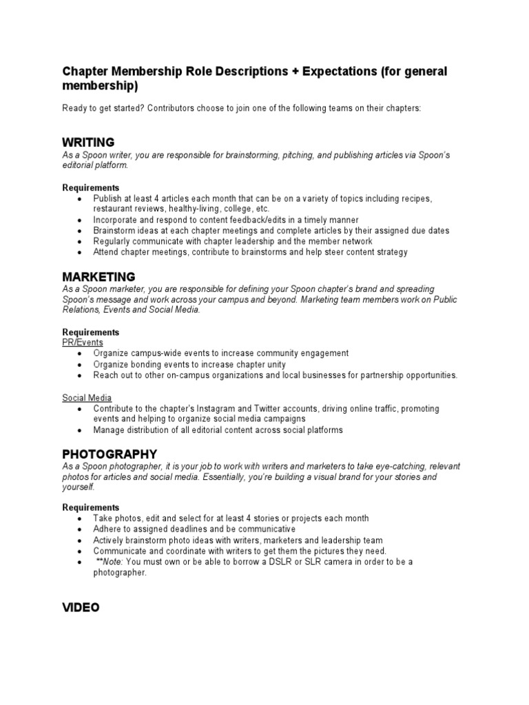 Chapter Membership Role Descriptions + Expectations (For General ...