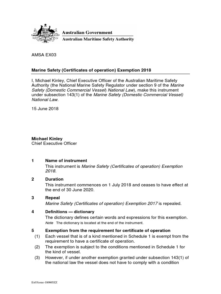 Marine Safety (Certificates of Operation) Exemption 2018 PDF