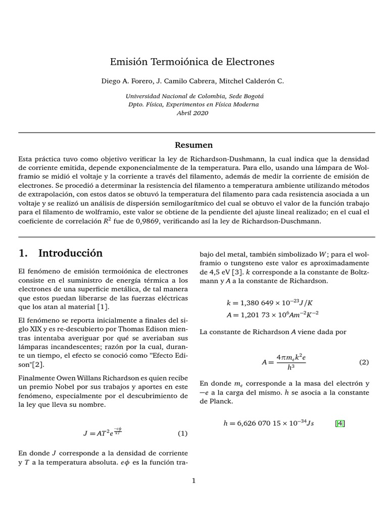Emisión Termoiónica de Electrones PDF Resistencia Eléctrica y