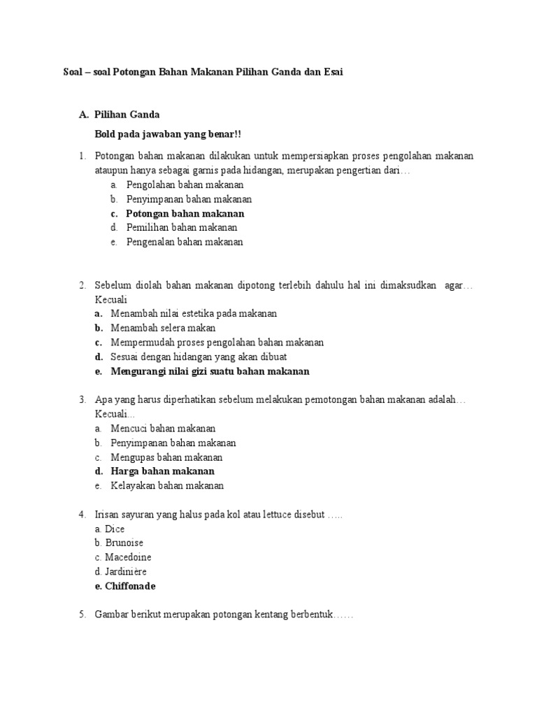 Contoh Soal Pilihan Ganda Essay Potongan Bahan Makanan