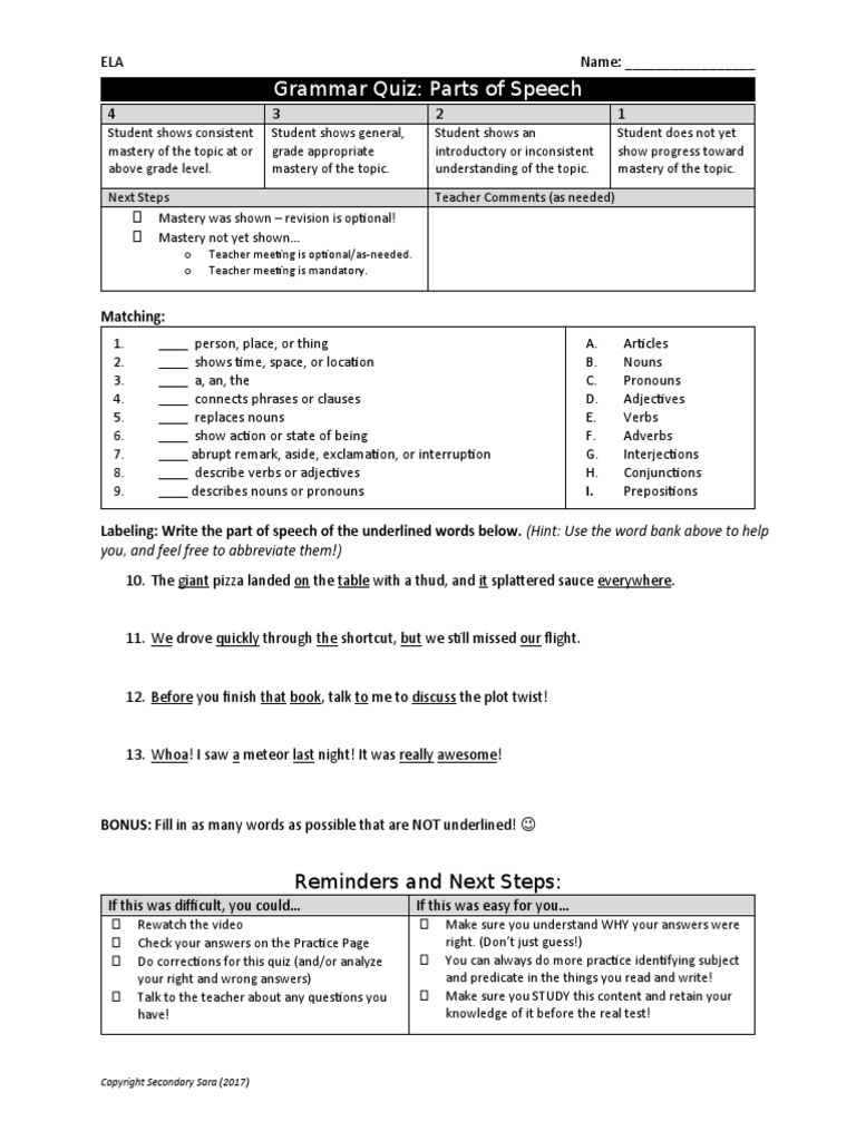 QuizParts of Speech PDF Part Of Speech Noun
