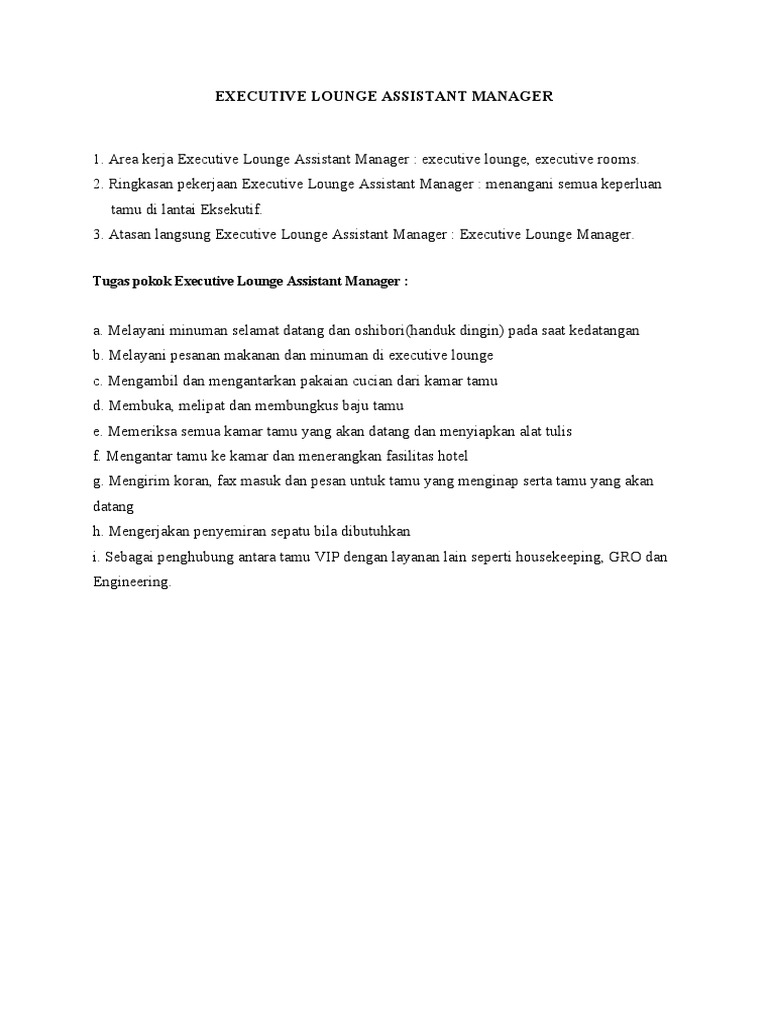 Tugas Executive Lounge Assistant Manager | PDF