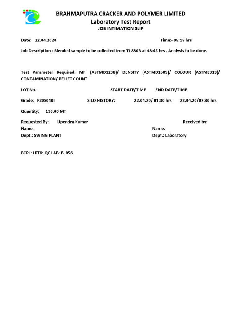 Brahmaputra Cracker and Polymer Limited Laboratory Test Report | PDF ...