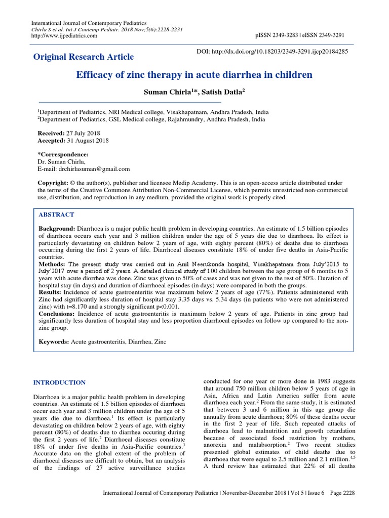 Efficacy of Zinc Therapy in Acute Diarrhea in Chil PDF Diarrhea