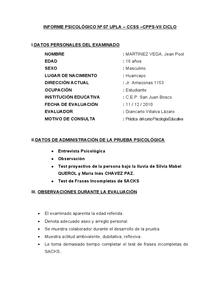INFORME PSICOLÓGICO Nº P4X0