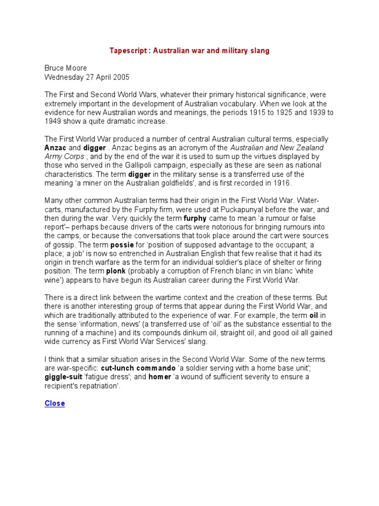 Australian War and Military Slang PDF Australian And New Zealand