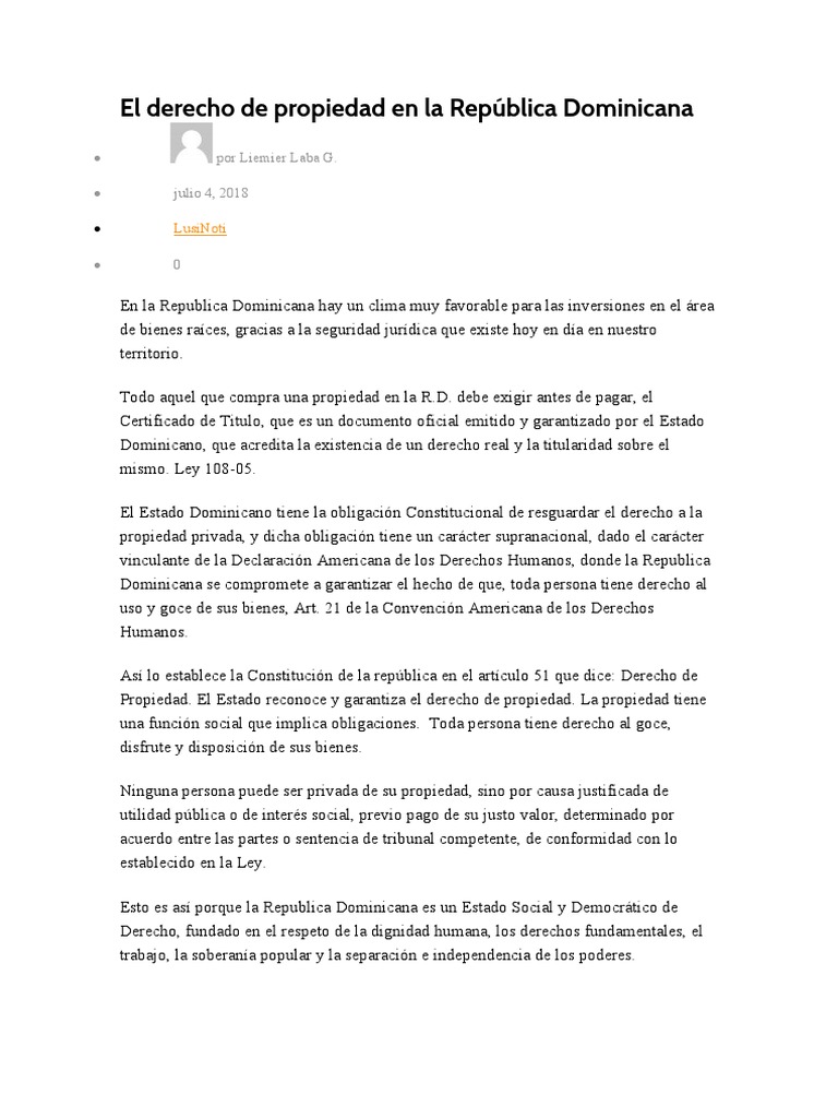 El Derecho de Propiedad en La República Dominicana. PDF Propiedad República Dominicana