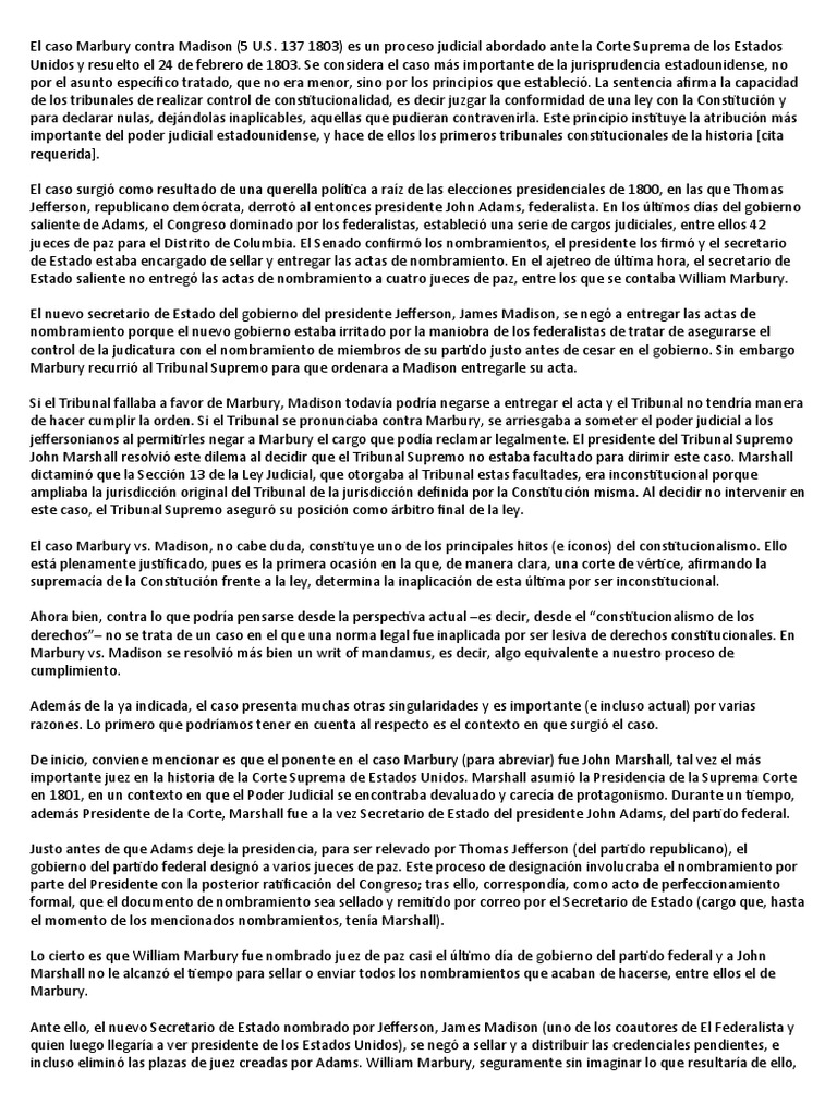 El Caso Marbury Contra Madison | PDF | Judicaturas | Información del ...