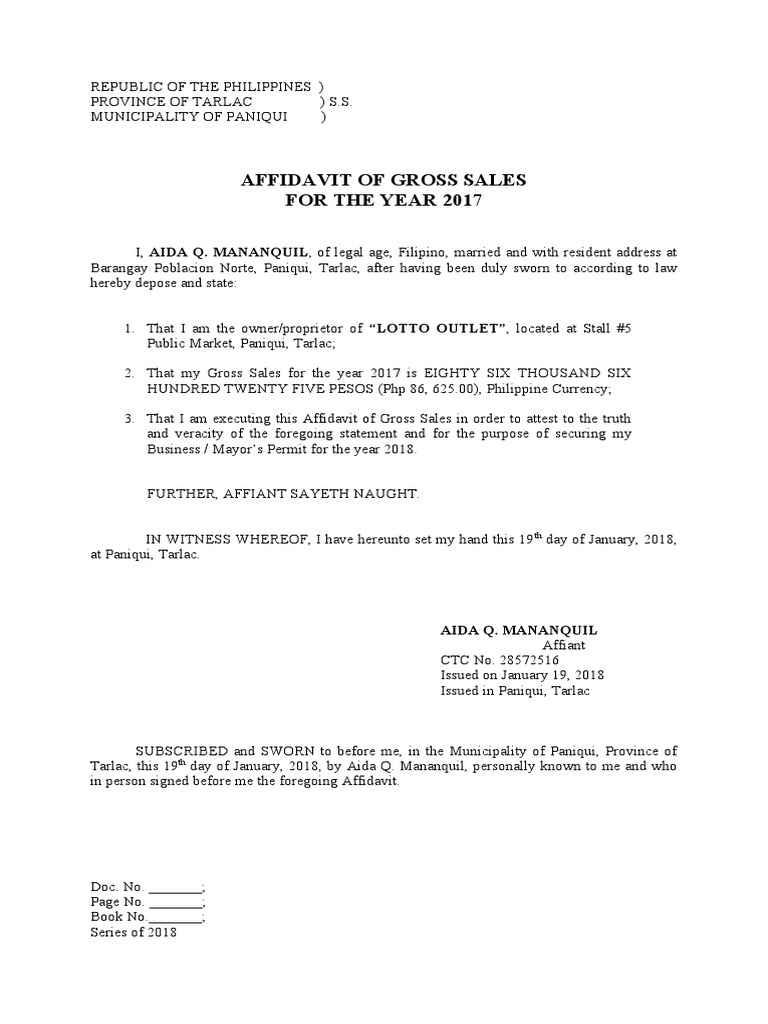 Affidavit of Gross Sales PDF