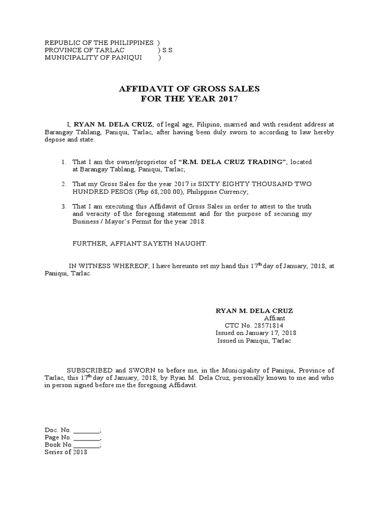 Affidavit of gross sales pdf
