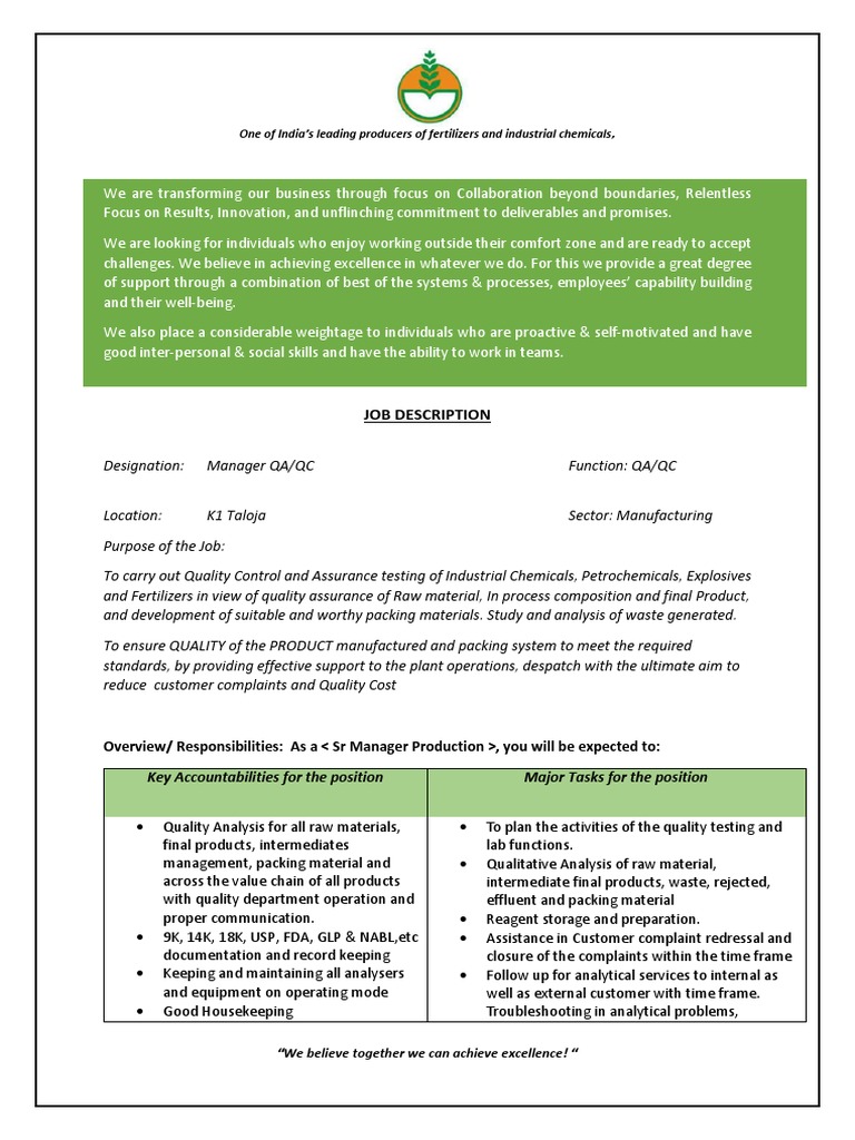 Job Description One of India's Leading Producers of Fertilizers and Industrial Chemicals PDF