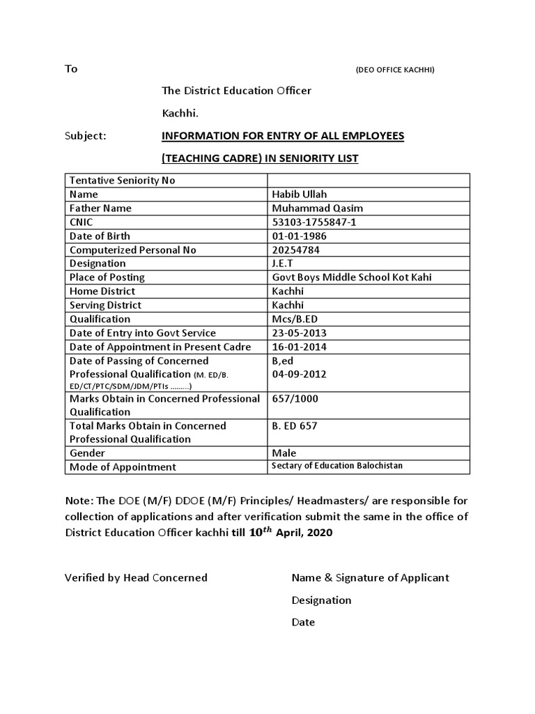 Information For Entry of All Employees (Teaching Cadre) in Seniority ...