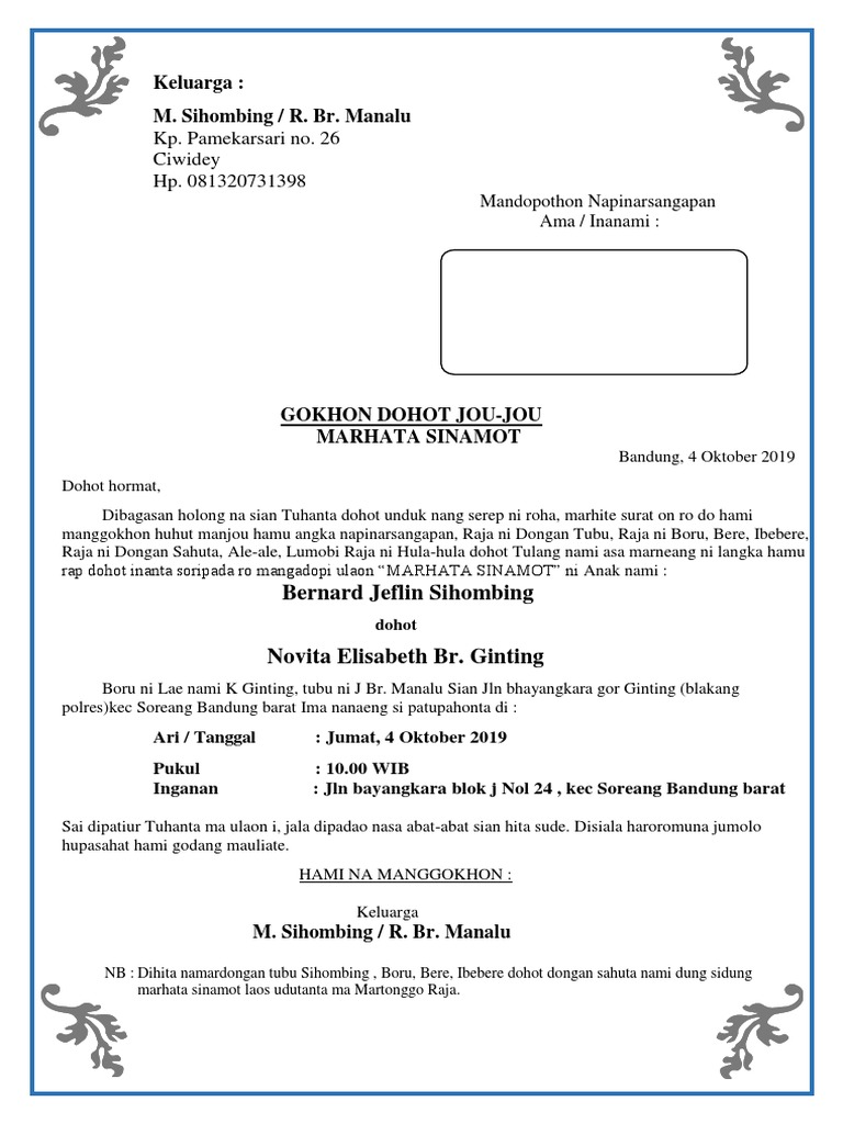 Contoh Undangan Hata Sinamot