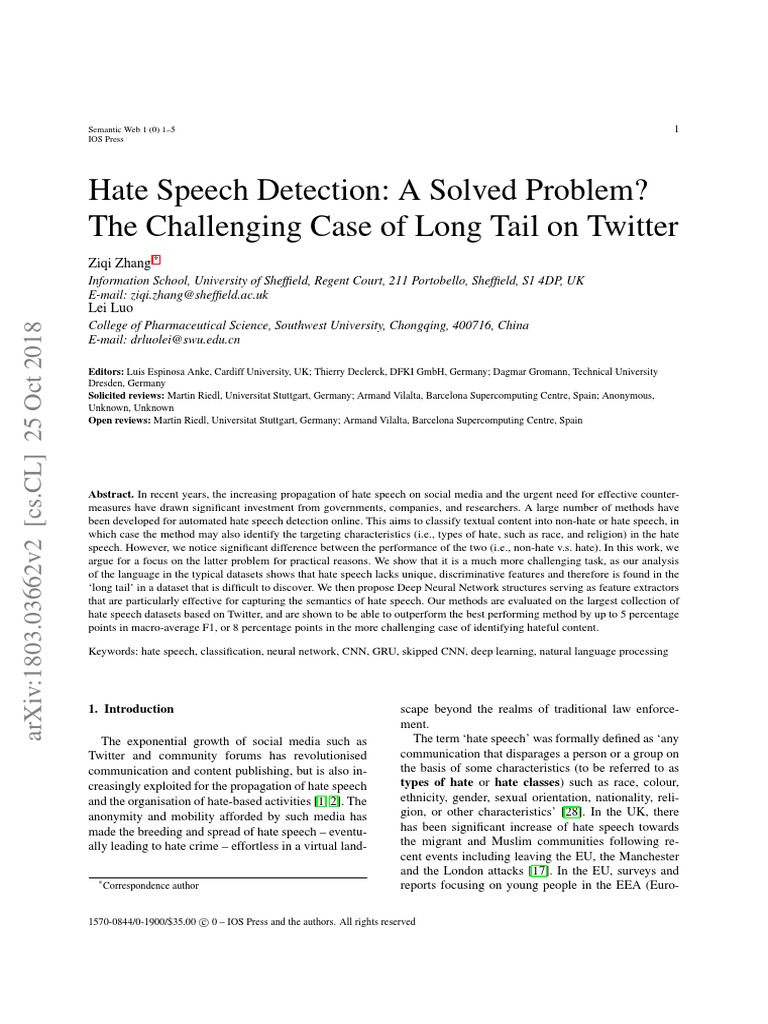 Hate Speech Detection on Twitter | PDF | Deep Learning | Statistical ...