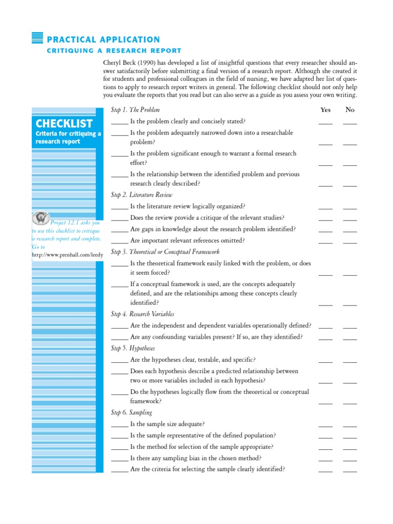 Research Report Critique Checklist | PDF | Hypothesis | Research Design
