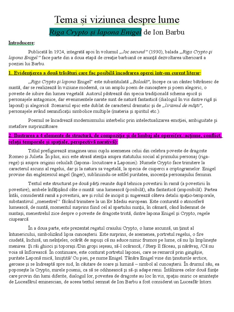 RIGA CRYPTO ȘI LAPONA ENIGEL-Tema Și Viziunea Despre Lume | PDF