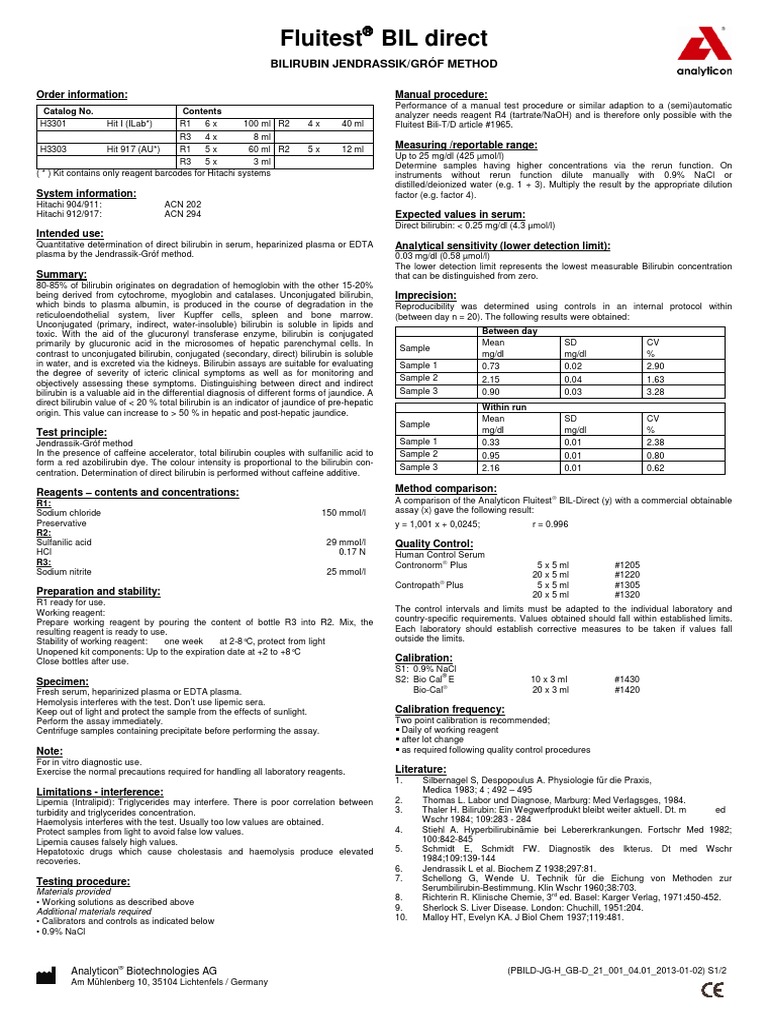 Fluitest BIL Direct Bilirubin Jendrassik/Gróf Method PDF Medical Specialties Chemistry