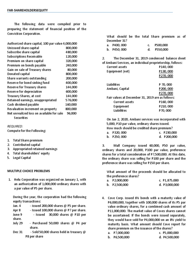 Shareholders' Equity Analysis and Solutions | PDF | Treasury Stock ...
