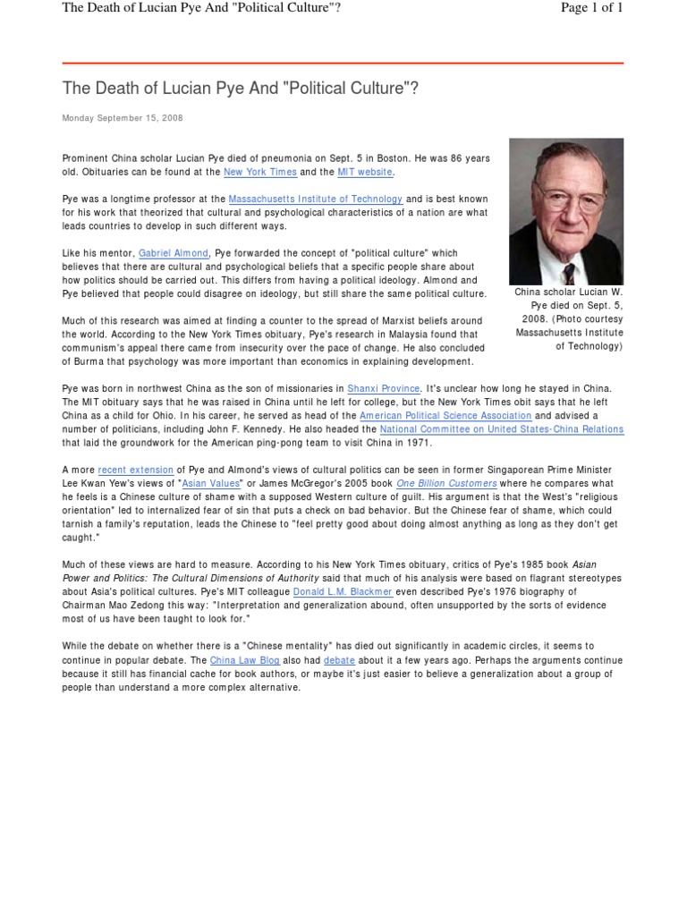 The death of lucian pye political culture pdf psychology