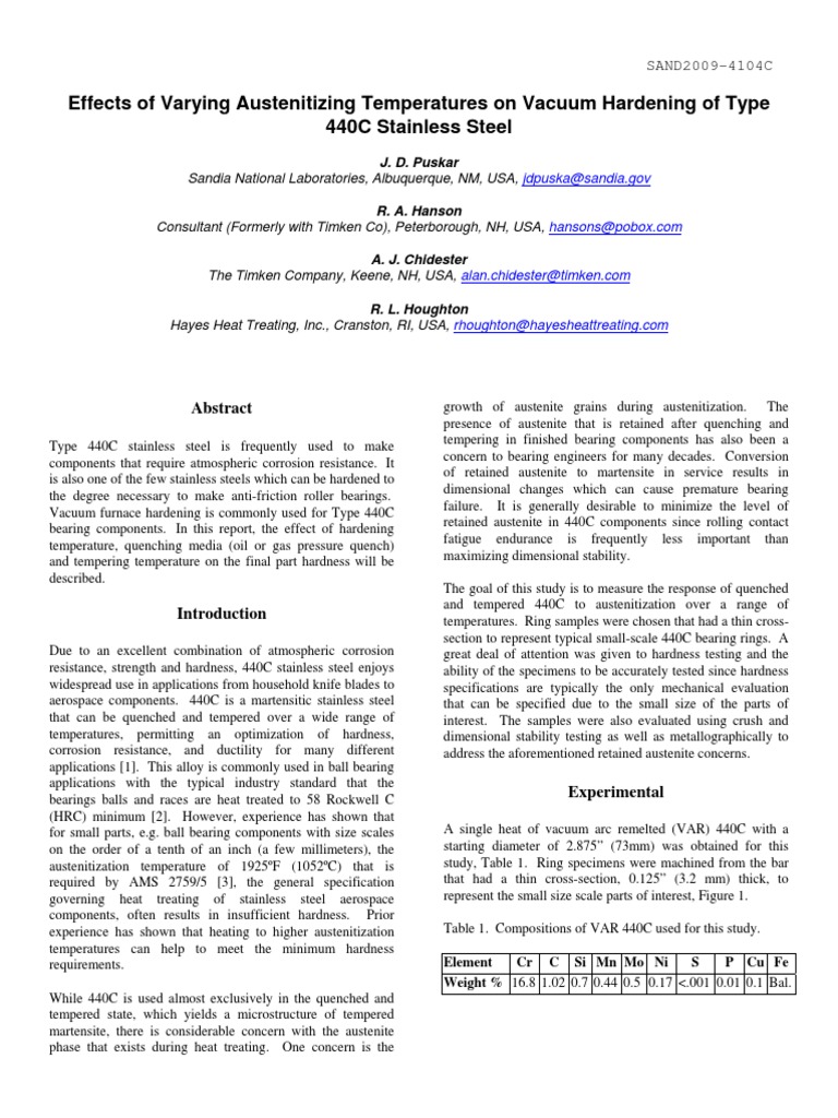 Effect of Austenitizing Temperatures On Vacuum Hardened 440C | PDF ...