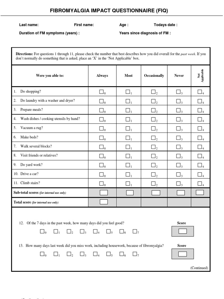 Fibromyalgia Impact Questionnaire (FIQ) | PDF | Nervous System | Psychology