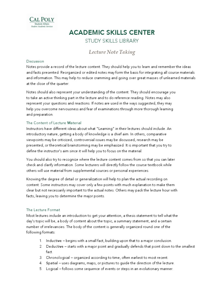 Academic Skills Center Pdf Lecture Study Skills