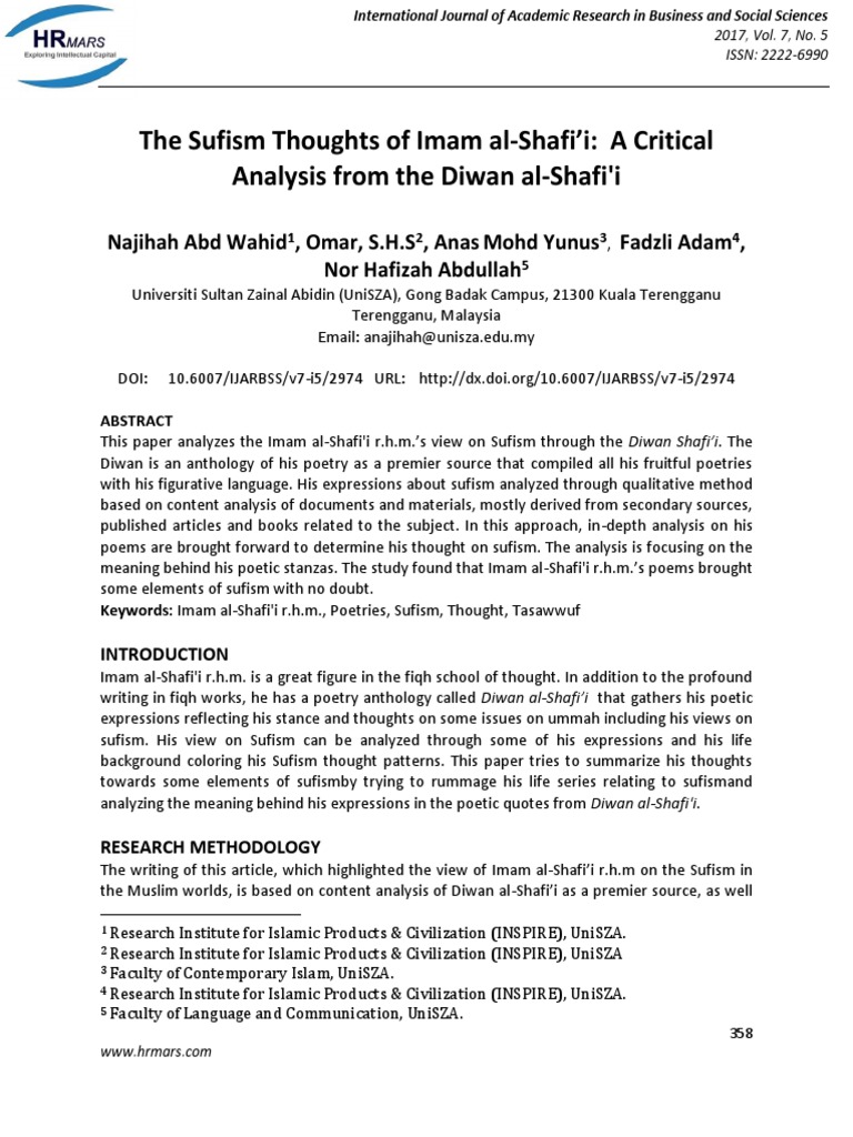 The Sufism Thoughts Of Imam Al Shafi I A Critical Analysis From The