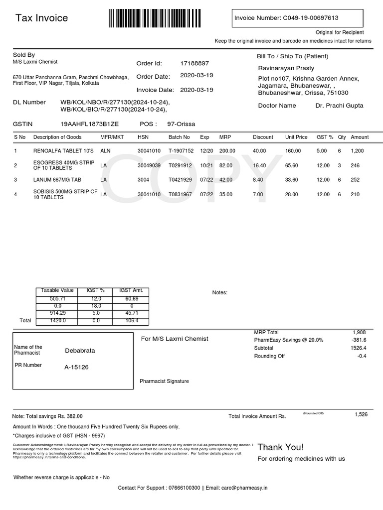 Tax Invoice for Medicine Purchase | PDF | Invoice | Payments