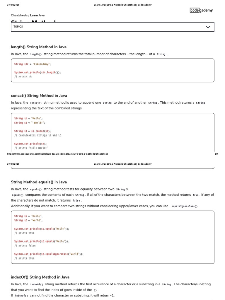 Learn Java - String Methods Cheatsheet - Codecademy PDF | PDF | String ...