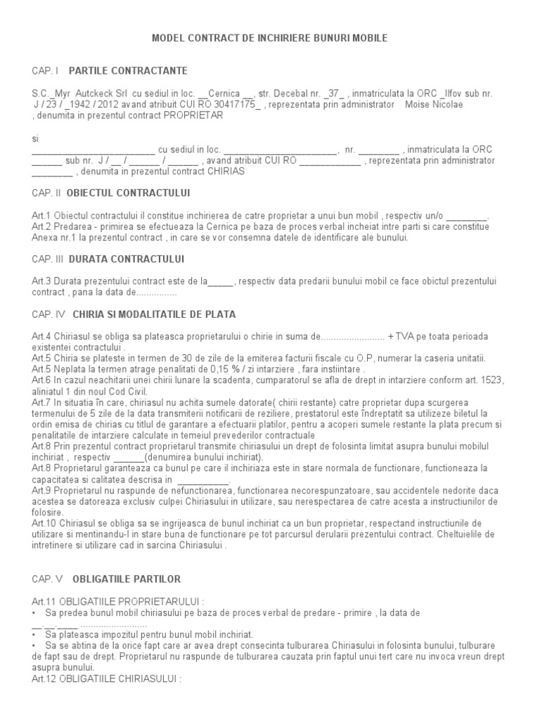 MODEL CONTRACT DE INCHIRIERE Utilaje | PDF