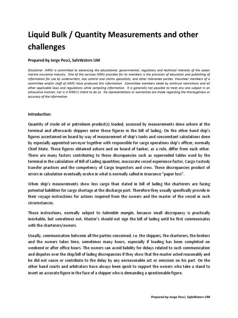 Liquid Bulk / Quantity Measurements and Other Challenges Prepared by
