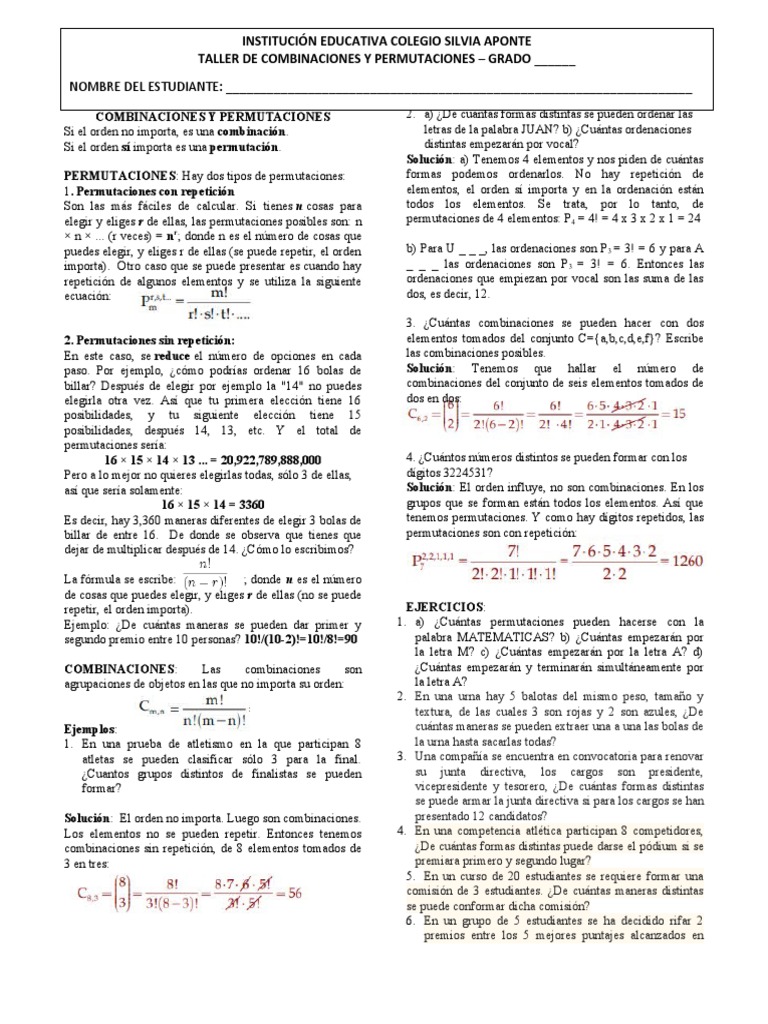 Combinaciones y Permutaciones para Primaria | PDF | Combinatoria ...