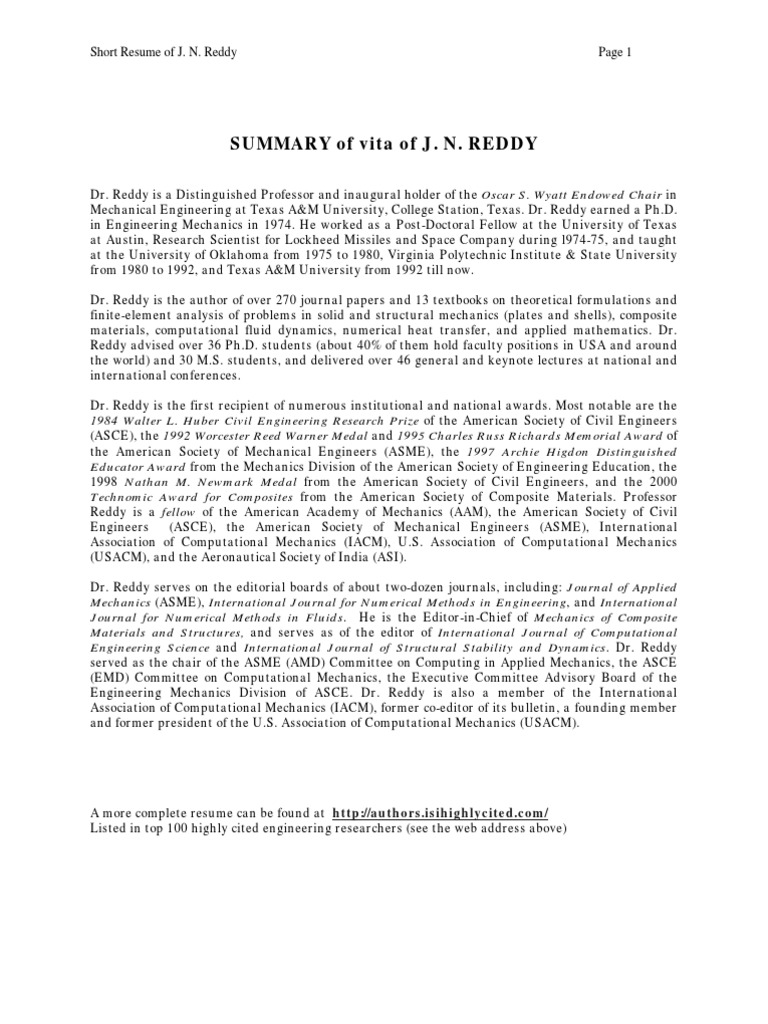 Resume of Dr. J. N. Reddy | PDF | Finite Element Method | Elasticity ...