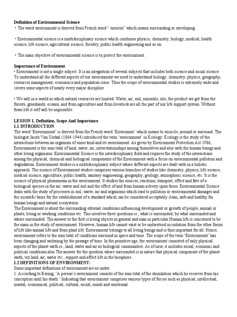 Definition and Scope of Environmental Science | PDF | Environmental ...