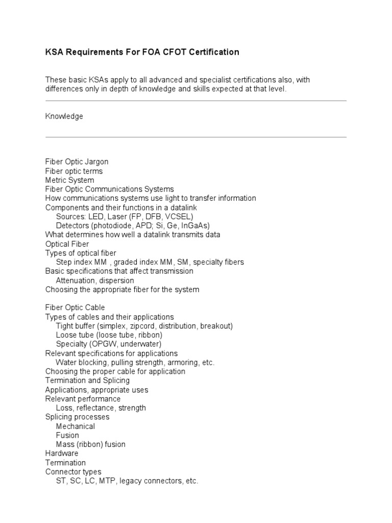 KSA Requirements For FOA CFOT Certification PDF Optical Fiber Optics KSA Requirements For FOA CFOT Certification PDF Optical Fiber Optics
