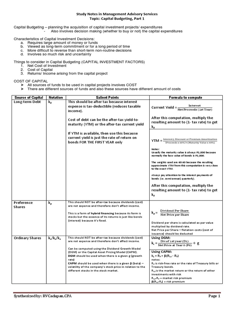 Characteristics of Capital Budgeting | PDF | Cost Of Capital | Bonds ...