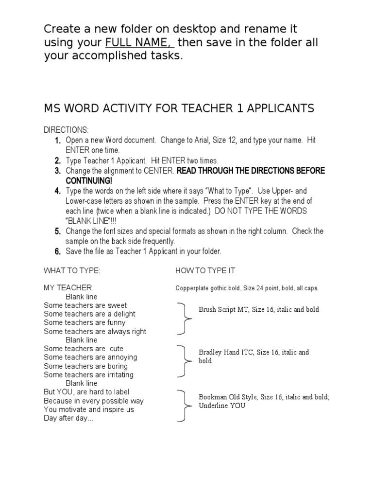 MS Word Activity for Teacher Applicants | PDF