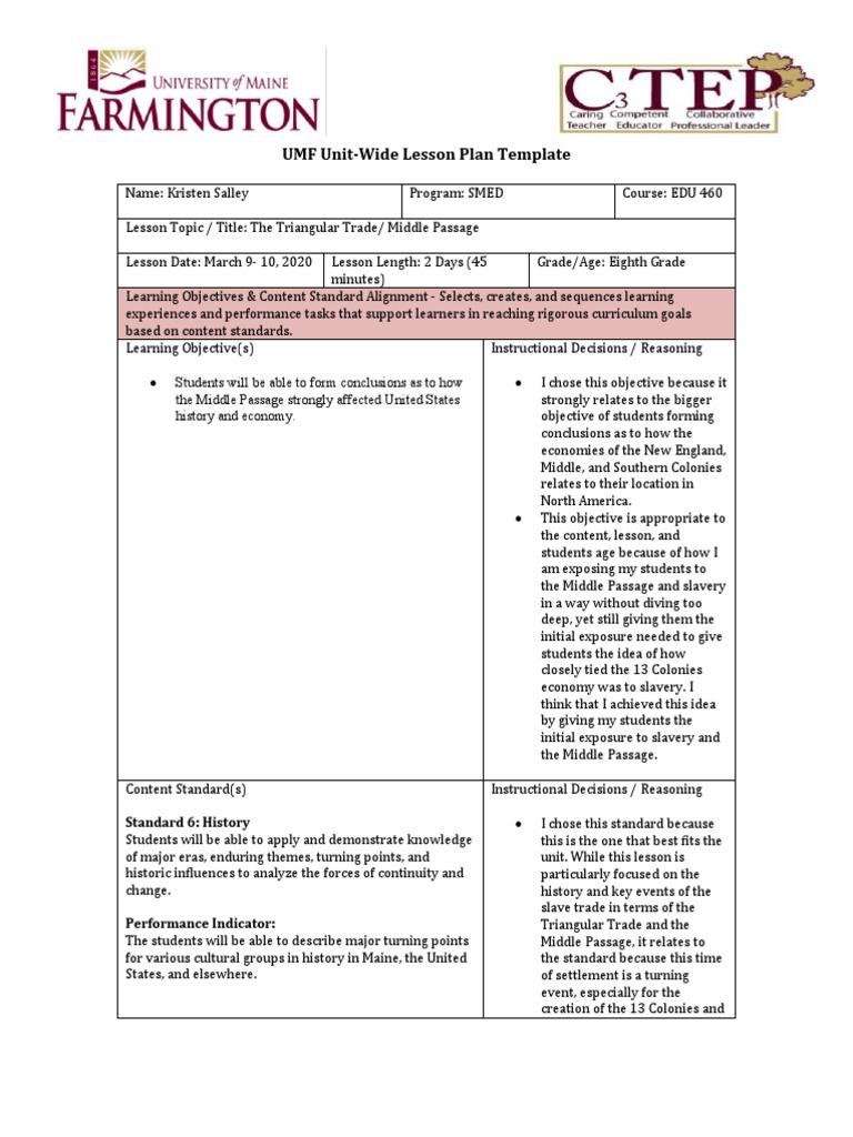 UMF Unit-Wide Lesson Plan Template: Standard 6: History | PDF ...