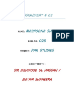 Maimoona Shah 025 Pak Studies: Assignment # 03