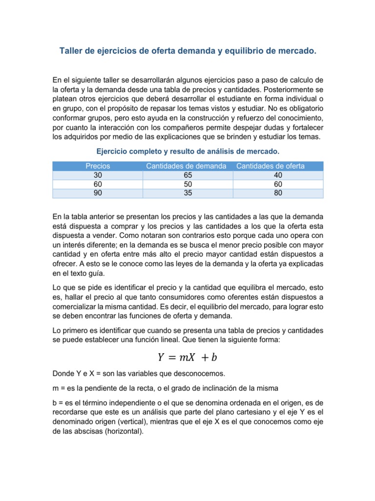 Taller de Ejercicios de Oferta Demanda y Equilibrio de Mercado | PDF ...