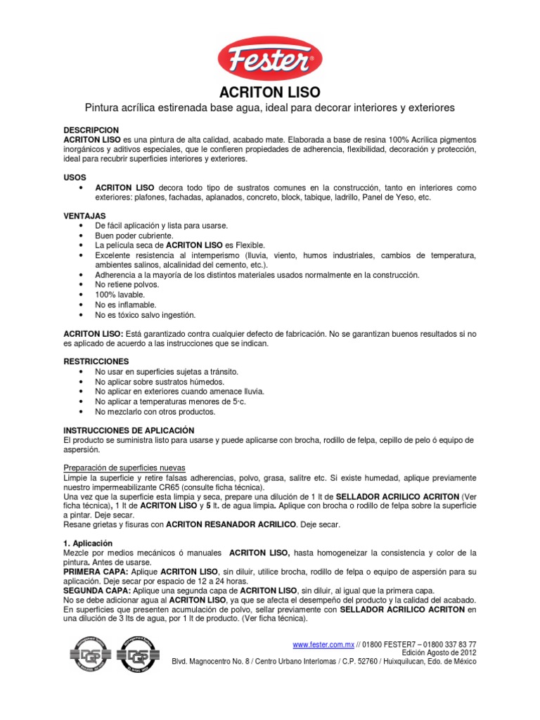 Fester Acriton Liso PDF | PDF | Pintar | Materiales